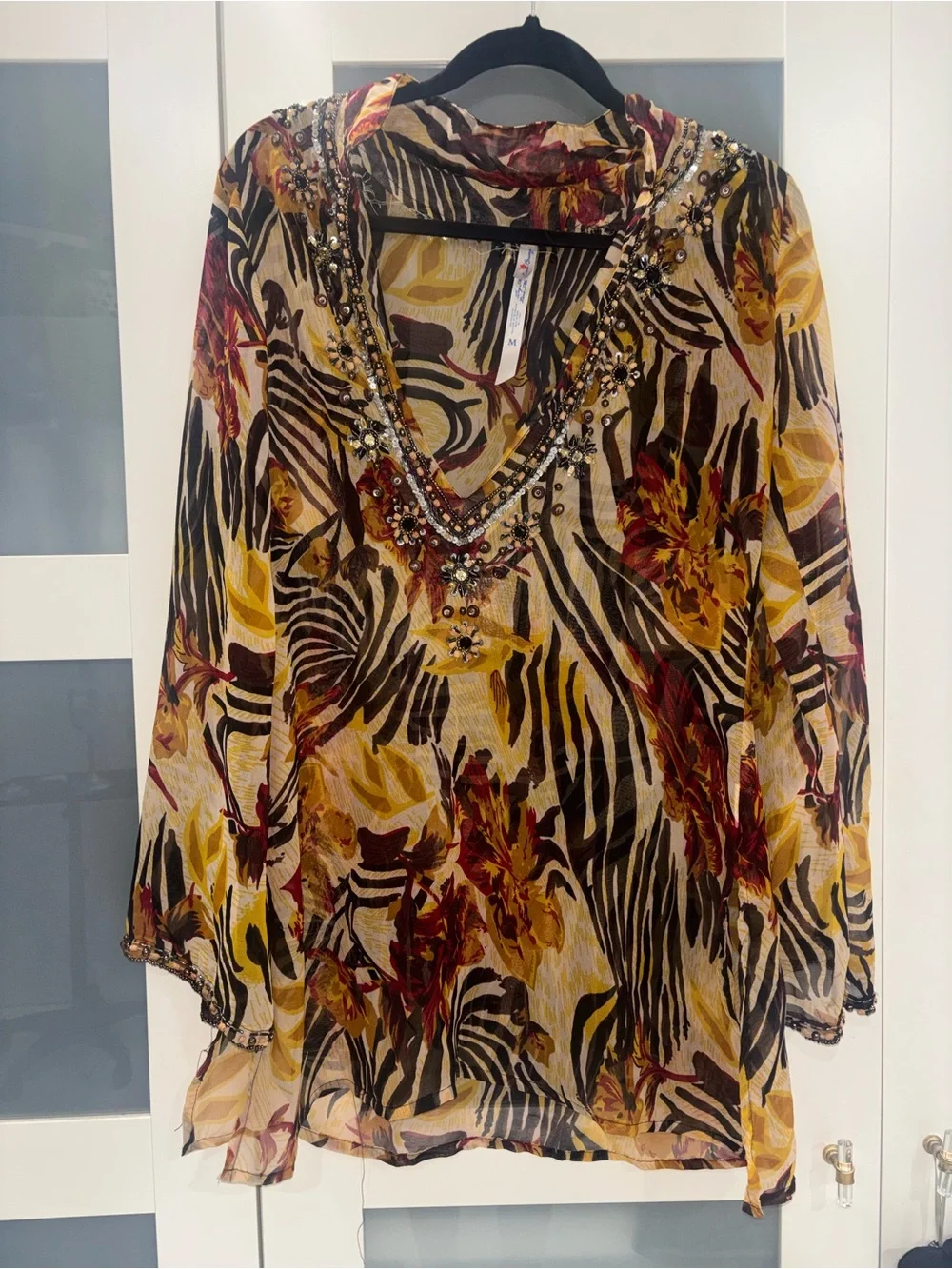 Ocean Breeze Beaded Sheer Swim Cover Up Tunic Boho Top Medium